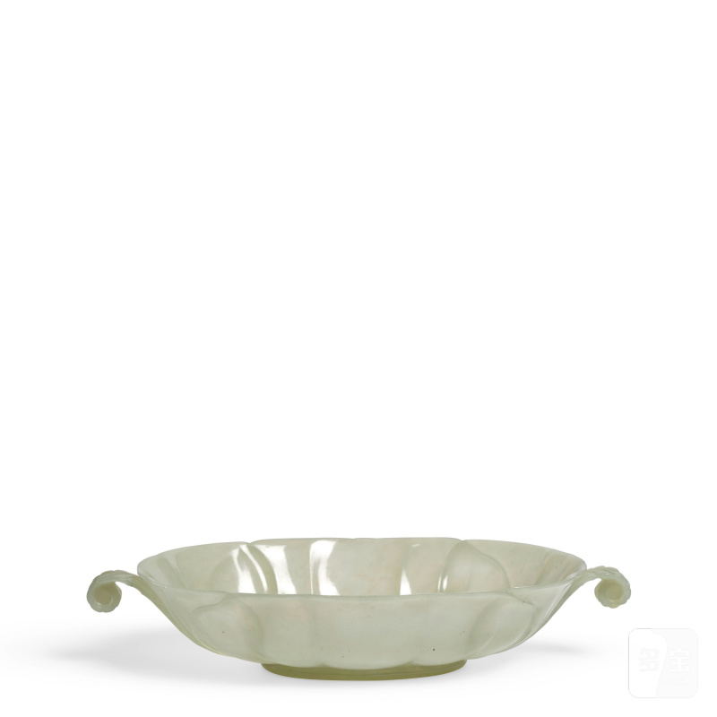 二十世紀 蒙兀兒式青玉雙耳葵花形長盤 | A MUGHAL-STYLE CELADON JADE OVAL MELLOW-FORM DISH WITH LEAF HANDLES - 图3